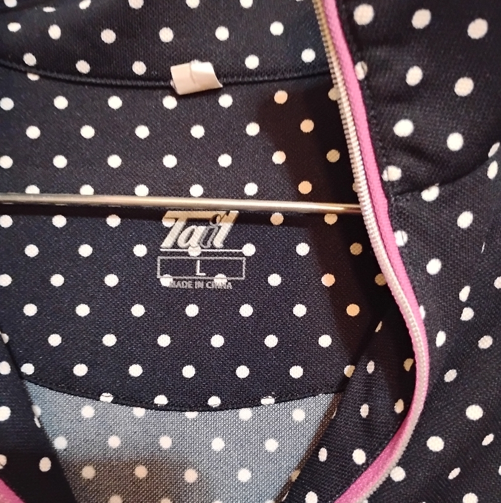 TAIL Black and White Polka Dots Polyester Short Sleeve Pink ZipUp Top L - Picture 3 of 9